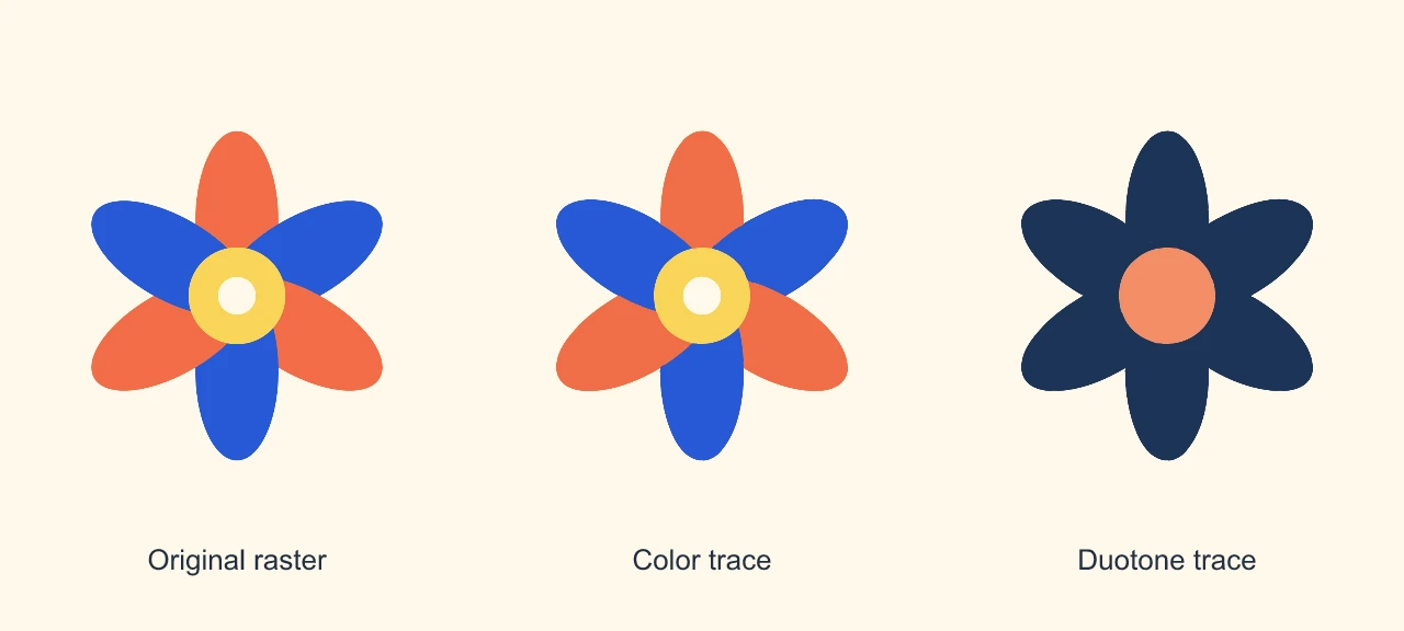 Side-by-side original six-petal raster, orange-blue color trace and navy-peach duotone trace on cream.